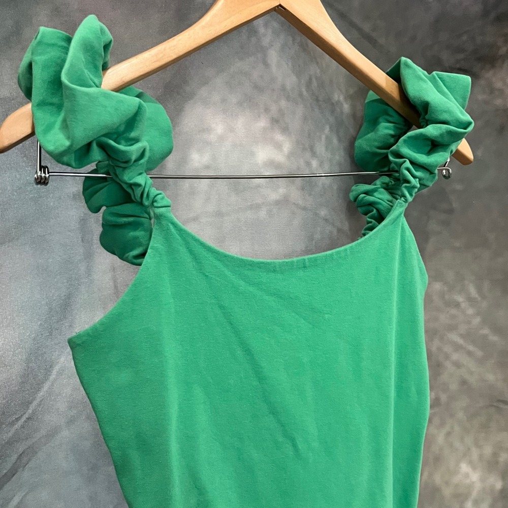 Express‎ Womens Green Ruffle Scrunchie Strap Scoop Neck Bodysuit Medium - Picture 3 of 5